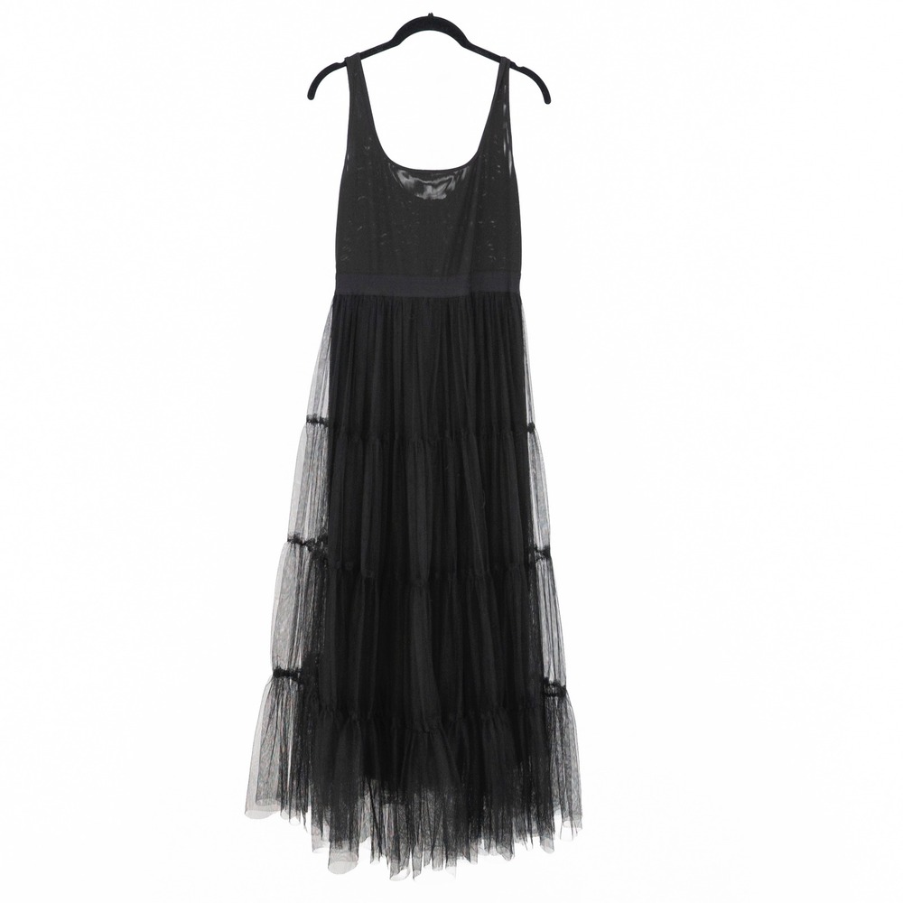 Alice And Olivia Tulle Mesh Scoop Neck Tack Tiered Maxi Long Dress Black 6